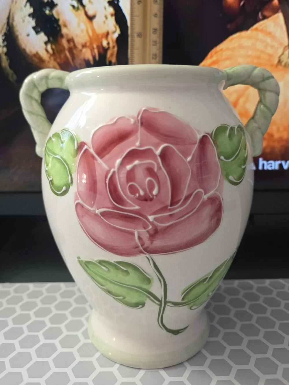 Handpainted Ceramic Vase Embossed Rose Design Twisted Handles Coquette Cottage